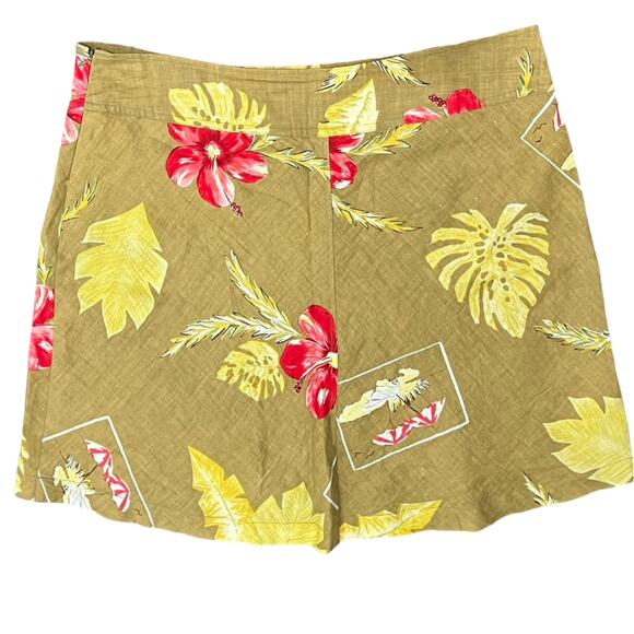 Vintage 90s Tan Red Yellow Linen Floral Hawaiian Hibiscus Floral Mini Skirt 14P - Picture 1 of 8